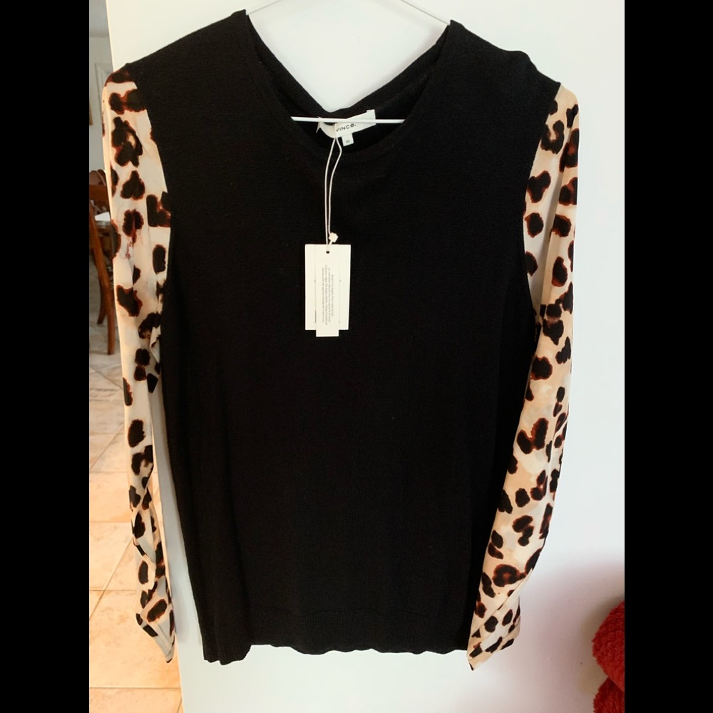 VINCE black sweater with animal print sleeves size XS New with tags